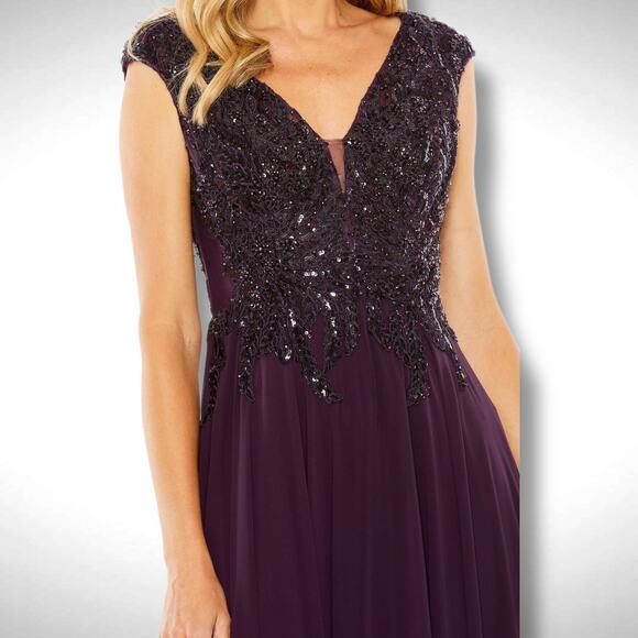 Mac Duggal Appliqued Bodice Flowy Short Sleeve Purple Ball Gown Dress Sz 8 20264 - Picture 13 of 13